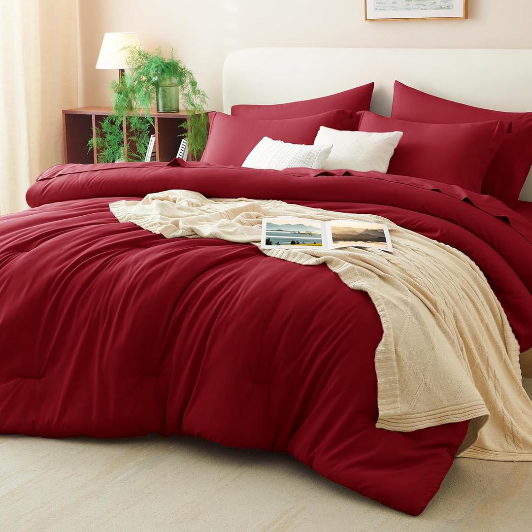 CozyLux Full Size Comforter Set Dark Red, 7 Pieces Bed in a Bag Full Comforter Set with Sheets, Bedding Set with Down Alternative Comforter, Fitted Sheets, Flat Sheets, Pillow Shams and Pillowcases