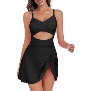 ZAFUL Women One Piece Swimdress Tummy Control Bathing Suit Push Up Swimsuit Modest Swimwear Cutout V Neck Cute Tie Knot Skirt, L