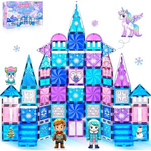 Princess Castle Magnetic Tiles 112PCS with 4 Dolls 2 Stairs & Magnetic Art Decors Kit, Diamond Blocks Magnet Tiles for Kids 3-5 4-8-12, Magnet STEM Princess Toys for 3 4 5 6 7 8+ Girls Kids Xmas Gifts