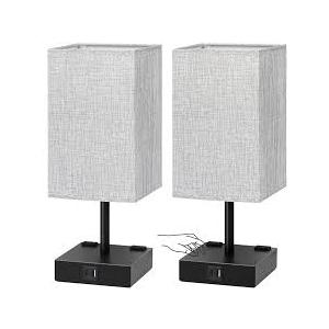Bedside Table Lamps Set of 2  Touch Nightstand Lamp for Bedroom with USB C+A Charging Ports & AC Outlets, 3Way Dimmable Desk Lamp Grey Fabric Shade for Bedroom Living Room, Office(Bulb Included)