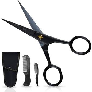 Ontaki 5" Professional German Beard & Mustache Scissors with 2 Comb & Carrying Pouch for Men - Bevel Edge for Precision - Facial Hair Grooming Kit All Body Hair - Black - Beard Trimming Scissors