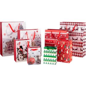 32 PCS Christmas Bags for Wrapping Holiday Gifts,Hot Stamping Foil Festival Bag Bulk Set with Snowman, Reindeer,Christmas Stocking/Cane/Tree, Snowflake, Gin Design - 8 X-Large,8 Large,8 Medium,8 Small (32 Count (Pack of 1))