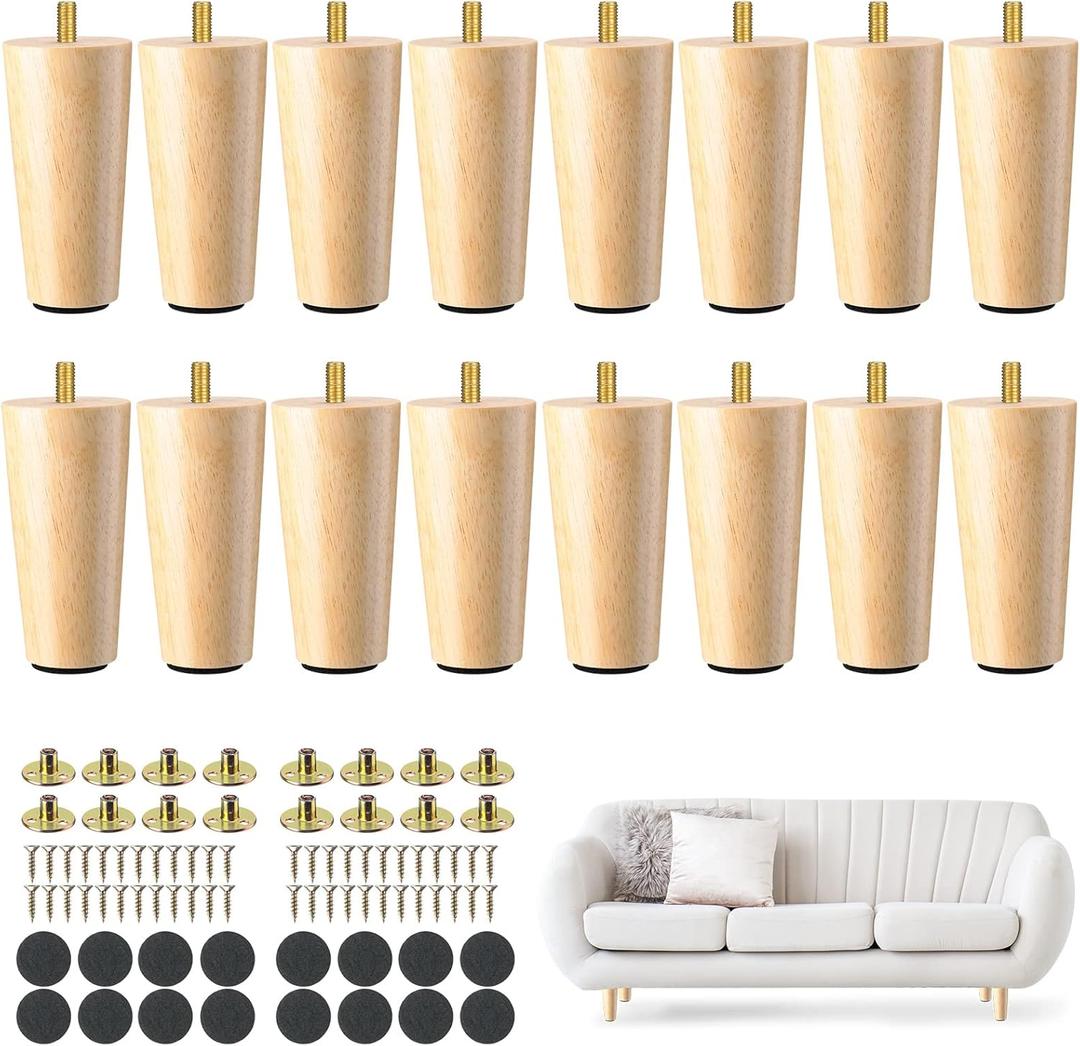 Maitys 4 Inch Round Solid Furniture Legs Furniture Wooden Replacement Chair Feet Dresser Sofa Couch Legs Table Cabinet Footstool DIY Projects for Home(Wood,16 Pcs)