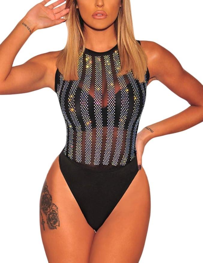 SEBOWEL Women Sleeveless Bodysuit Studded Mesh See Through Jumpsuits Rompers Top, Black, XL