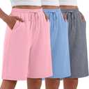 Evervibe 3 Pack Women's Bermuda Shorts Summer Drawstring Elastic Waisted Comfy Casual Sweat Long Shorts Medium, Heather Gray, Sky Blue, Peach Pink