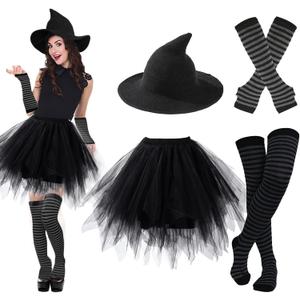 Ibeauti Halloween Witch Costumes for Women Gothic Cosplay Witch Hat Tutu Skirt Striped Knee High Socks Arm Warmers Set (Black)