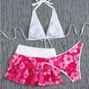 Floerns Women's 3 Piece Bikini Sets Boho Floral Print Halter Swimsuit Layered Ruffle Bathing Suit (Pink, M)