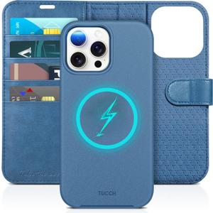 TUCCH Wallet Case for iPhone 15 Pro Max, Detachable 2-in-1 Stand RFID Blocking 4 Card Slot [Wireless Charging] Protective Case, PU Leather Removable Folio Compatible with iPhone 15 Pro Max, Lake Blue