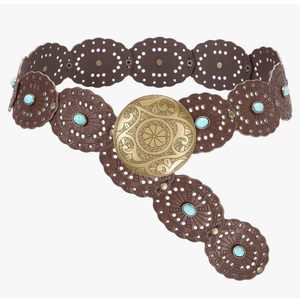 Wide Western Disc Belt with Turquoise Women Cowgirl Cowboy Boho Country Leather Belts for Jeans Dress, Width 2.36"