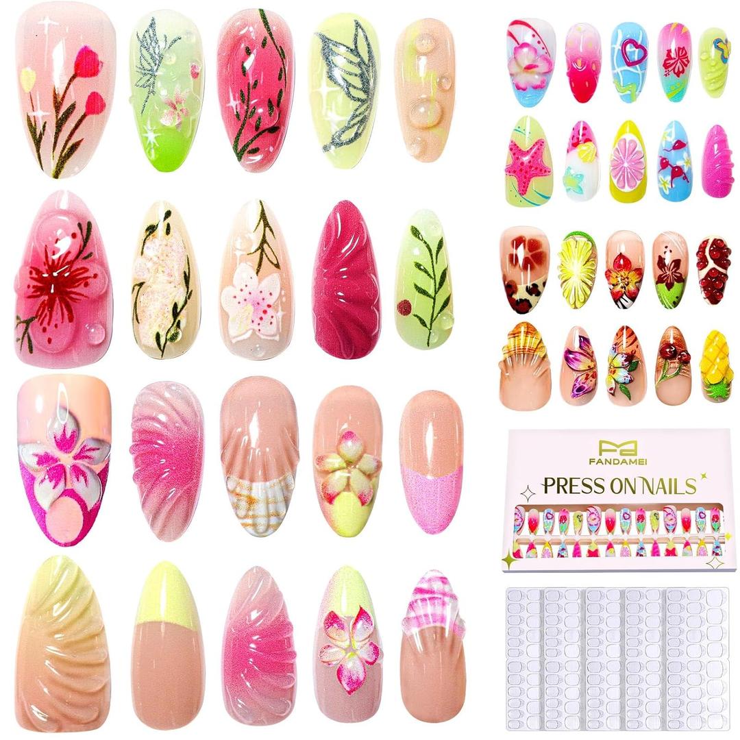 FANDAMEI Press on Nails, 4 Styles 120PCS 3D Flower Press on Nails Short Almond Fake Nails, Medium Almond 3D False Nails, Flower Butterfly Spring Summer Nails for Women