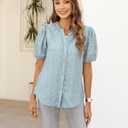 CiCiBird Women Button Down Print Shirt Summer Casual V Neck Tops Trendy Dressy Short Puff Sleeve Blouse (Blue, L)