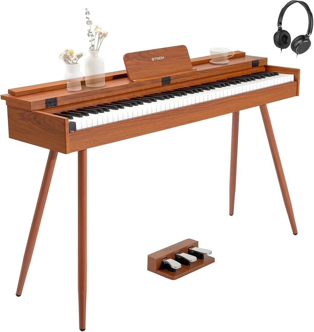 STRICH 88 Key Digital Piano, Hammer-Action Weighted Keyboard, Full Size Desk Cover Electric Piano Keyboard with Stand, 25Wx2 Speakers, Headphones, Three Pedal, SDP-350S(Color Mahogany)