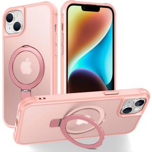 Magnetic Compatible with iPhone 14 Plus Case with Stand [Military Grade Drop Tested][Compatible with Magnet] Ring Translucent Slim Hard Back Soft Edge, Pink