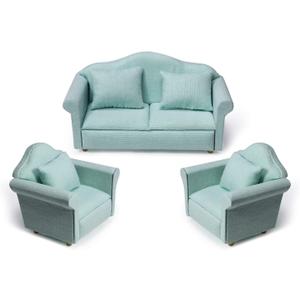 Dollhouse Couch Miniature Furniture Sofa with Pillows for Living Room Desktop Decoration Fabric Sofa Mini Home Scene Accessories Ornament (Sofa Set, Green)