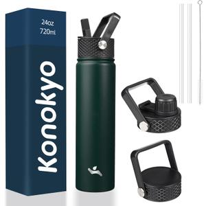 Insulated Water Bottle 24Oz Stainless Steel Sport Bottles With 3 Lids, Army Green