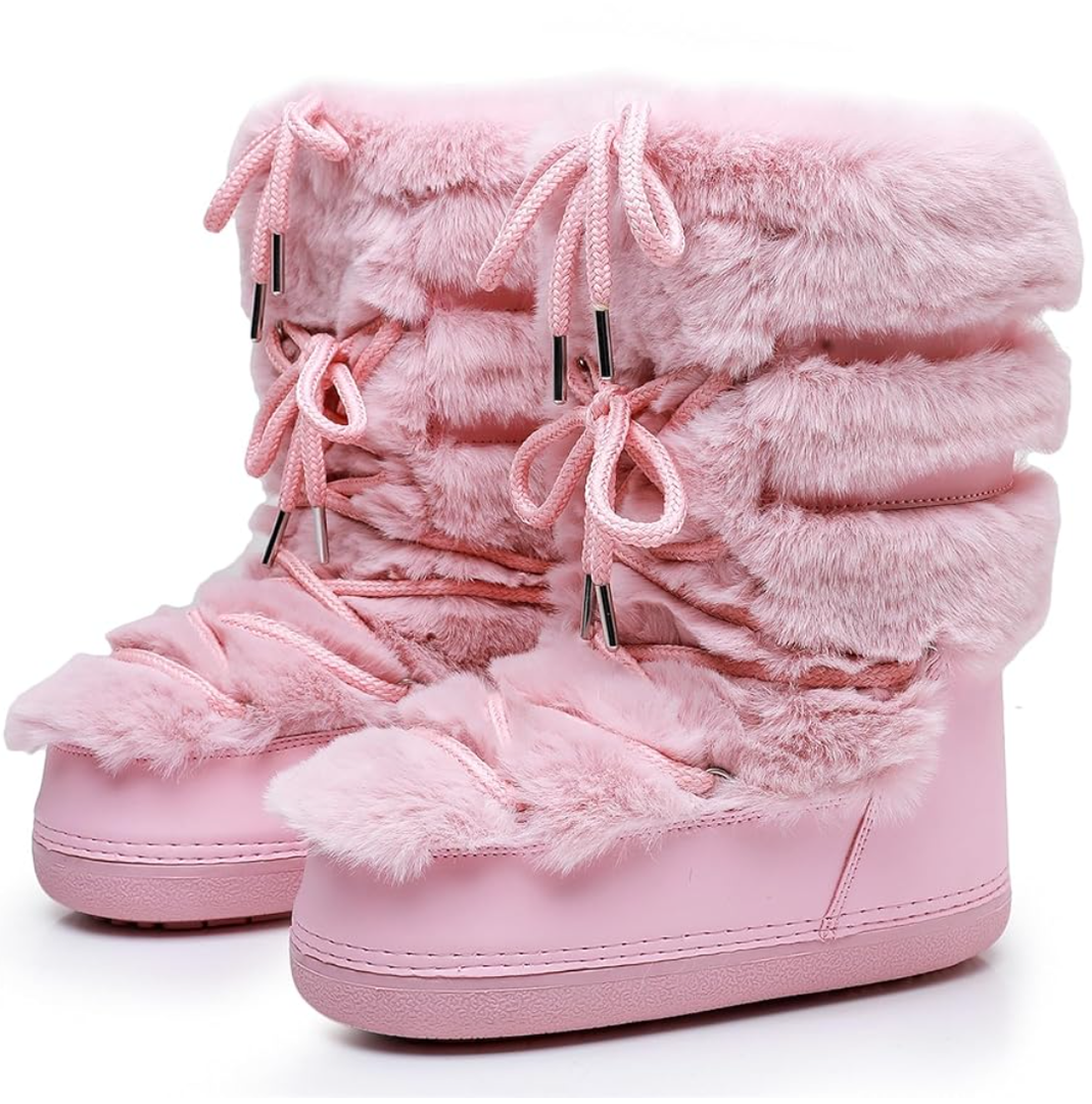 Furry Faux Fur Boots for Women - Fuzzy Boots for Women Winter Snow Boots - Fluffy Black White Pink Fur Boots- Lace-up Mid-Calf Water-Resistant Platform Boots, 6-7