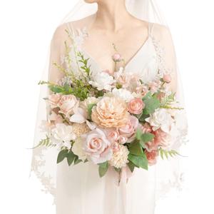Ling's Moment Blush Pink Wedding Bouquets for Bride, Blush and Cream Bridal Bouquets for Bride, 15 Inch Free Form Artificial Wedding Flower Bouquet (Medium 15 Inch, Pk-blush)