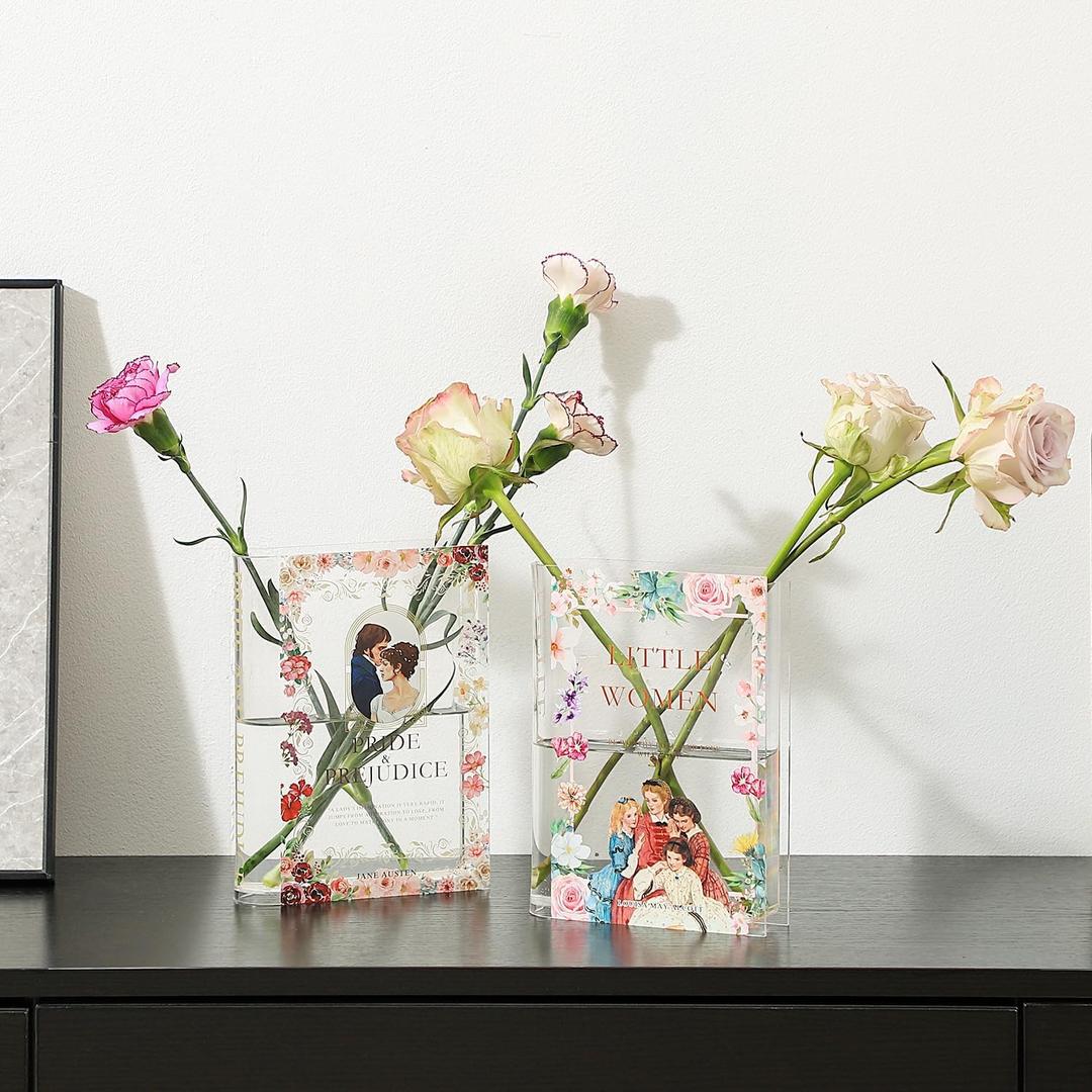 Book Vase, Acrylic Book Vase for Flowers, A Book About Flowers Vase, Book Shaped Vase, Book Flower Vase Clear, Modern Decorative Vase for Living Room, Bathroom, Office, Shelf, Set of 2