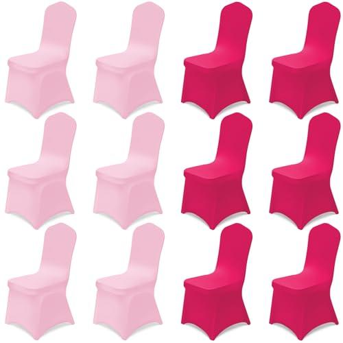 Oudain 12 Pcs Pink Folding Chair Covers Universal Spandex Slipcovers Washable Removable Stretch Chair Protector Covers for Wedding Hot Pink Birthday Party Decoration