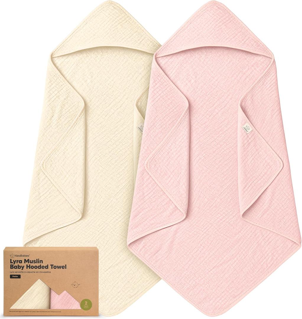 KeaBabies Muslin Hooded Baby Towels for Newborn Girls, Boys - 2-Pack, 30x30 Organic Cotton Baby Bath Towels Hooded, Soft Absorbent, Toddlers, Kids, Infant, Newborn Bath Essentials (Rose Ivory, Petite)