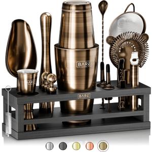 BARE BARREL Mixology Bartender Kit Bar Set | 16-Piece Cocktail Shaker Set | Martini Barware Mixing Tools for Home Bartending | Incl. 35 Recipe Cards | Gift Set (28oz Boston Shaker, Brass/Black)