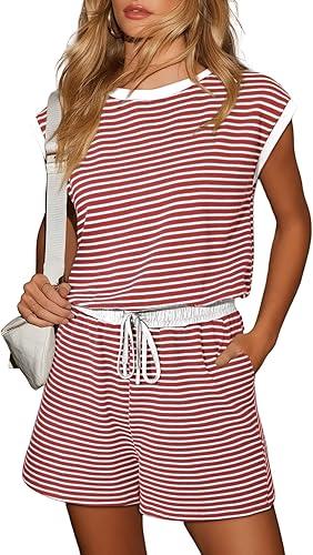 Dokotoo Womens One Piece Jumpsuit Summer Casual Sleeveless Rompers Loose Red Striped Shorts Overalls 2025 Fashions Short Pants Jumpsuits with Pockets (Red, XL)
