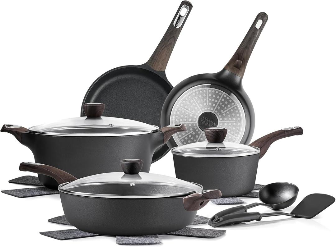 SENSARTE Pots and Pans Set Non stick, Non toxic Healthy Induction Cookware Sets, 14 Pcs Non Stick Kitchen Cooking Set with Frying Pans Set & Saucepan, PFOA PFOS Free, Black