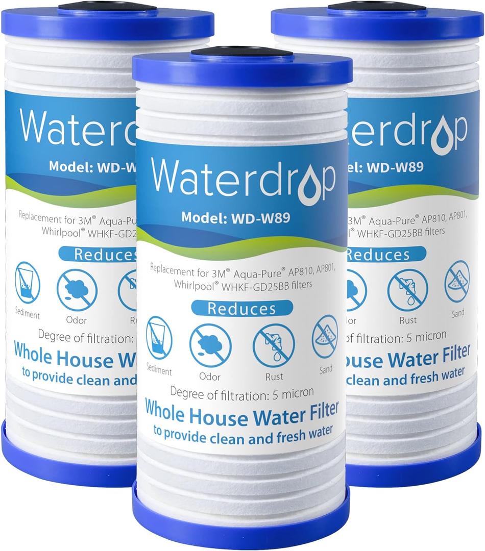 Waterdrop AP810 Whole House Water Filter, Replacement for 3M Aqua-Pure AP810, AP801, AP811, Whirlpool WHKF-GD25BB, WHKF-DWHBB, 5 Micron, 10" x 4.5", Well & Tap Water Filter, Pack of 3