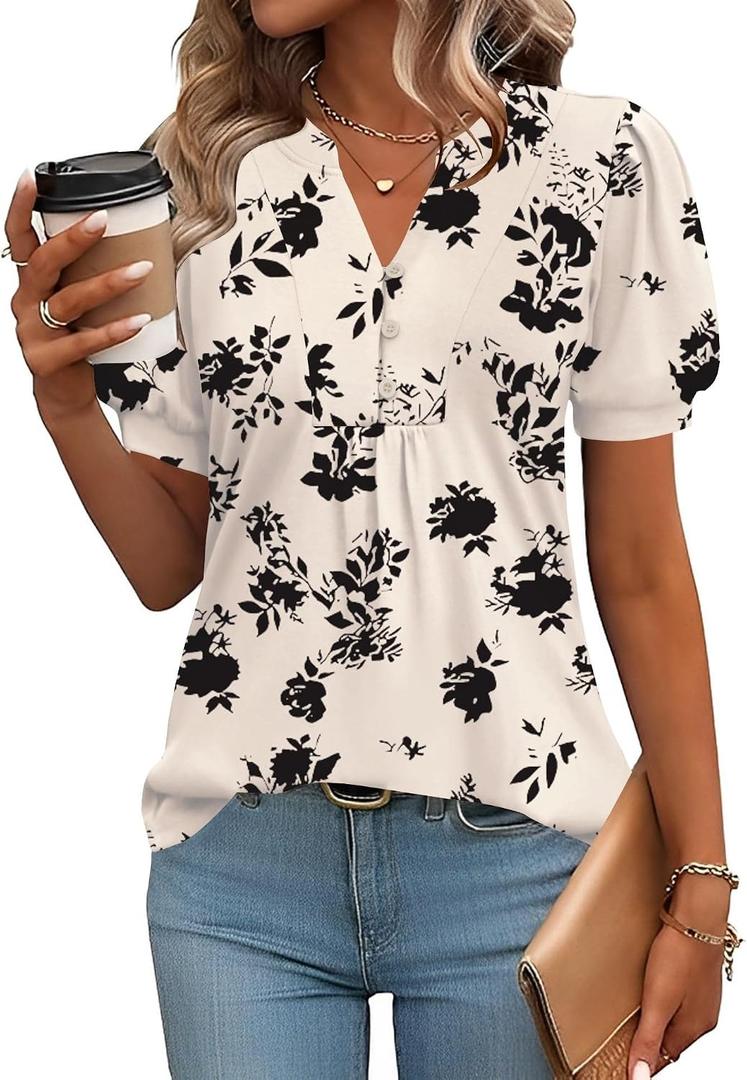 IECCP Womens Tops Dressy Casual Blouses Business Casual 2025 Summer Short Sleeve Shirts Cute V Neck Puff Pleated Tunic Top (Apricot Black Floral,XL)