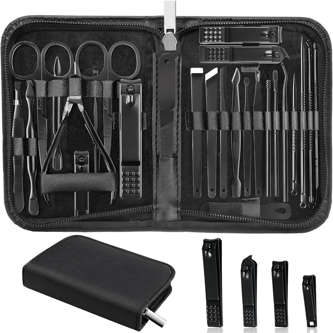 Manicure Set Professional Nail Clipper Kit-26 Pieces Stainless Steel Manicure Kit,Nail Care Tools with Luxurious Travel Case Nail Grooming Kit Present for Men Husband Boyfriend Parent (Black)
