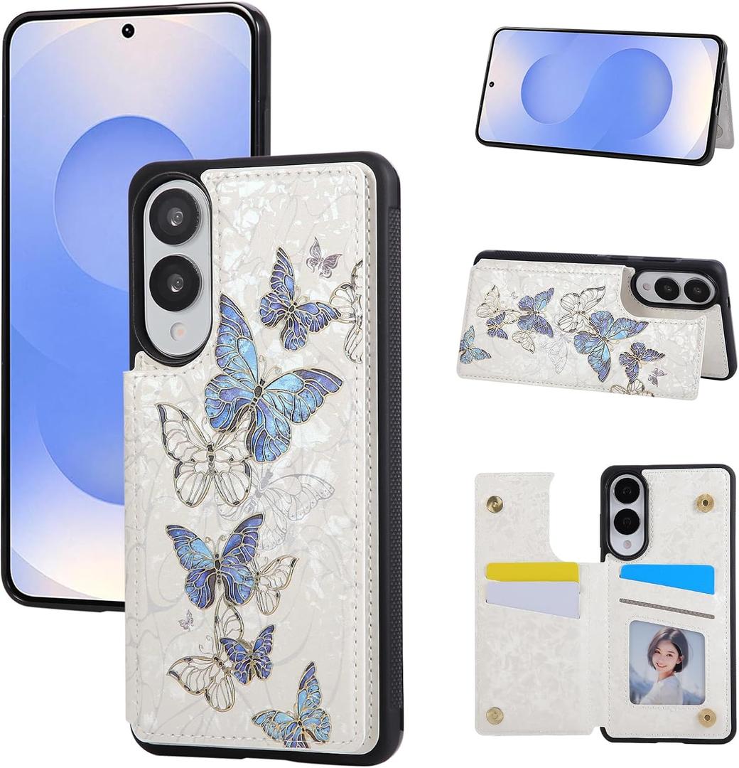 UEEBAI Wallet Case for Samsung Galaxy S25 Edge 5G with Card Holders, PU Leather Floral Cover Kickstand RFID Blocking Double Magnetic Clasp Rilievo Flower Flip Case for Women Girls - Blue Butterfly