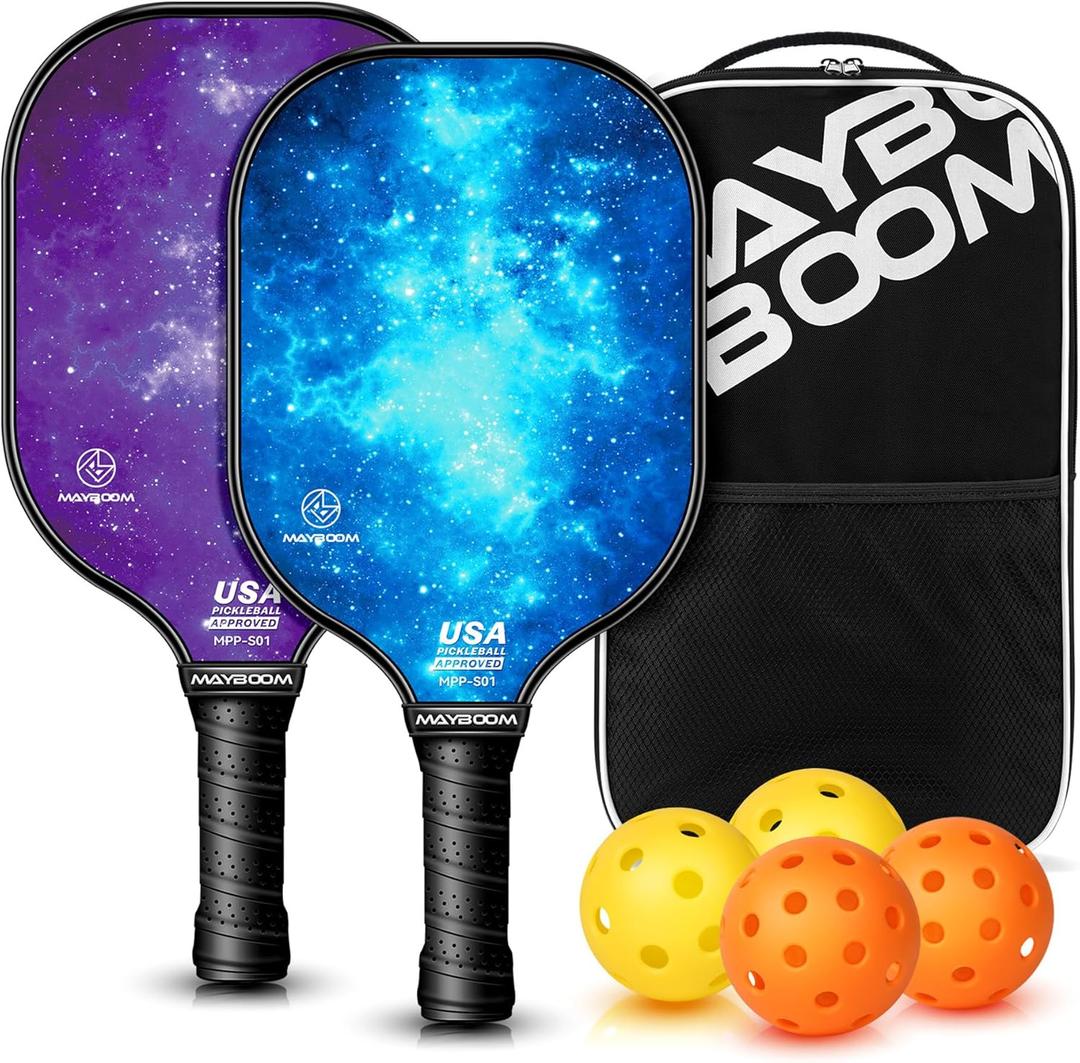 Mayboom Pickleball Paddles Set of 2 or 4, USAPA Approved Pickleball Set with 4 Pickleball Balls and Pickleball Bag, Fiberglass Pickle Ball Rackets 2 Pack for Beginner (Blue&Purple)