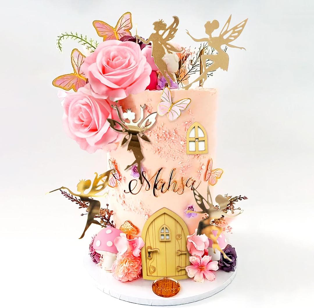 JeVenis Fairy Cake Toppers Pink Fairy Cake Decoration Mushroom Cake Decoration Fairy Cake Decorations Garden Fairy Cake Decoration Fairy Party Supplies Fairy Party Favors
