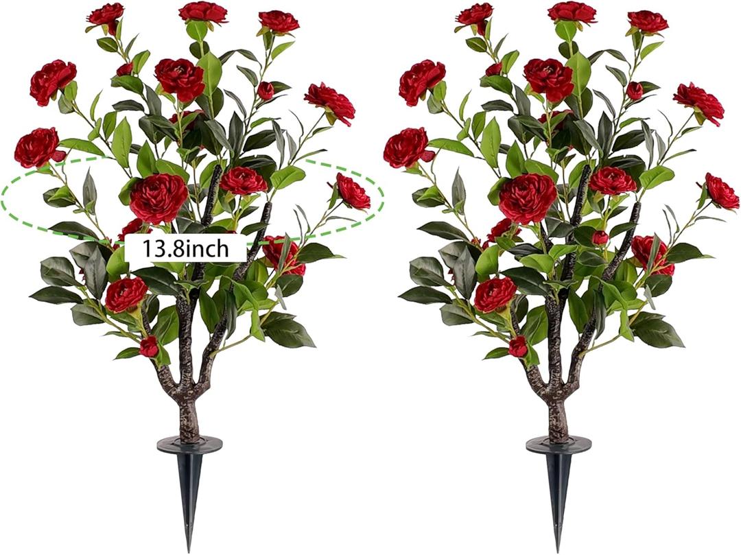 Artificial Camellia Tree 2 Pack , 36'' Faux Camellia Plant in Pot with Orange Flowers for Spring Home Front Door Outdoor Indoor Decoration (Red)