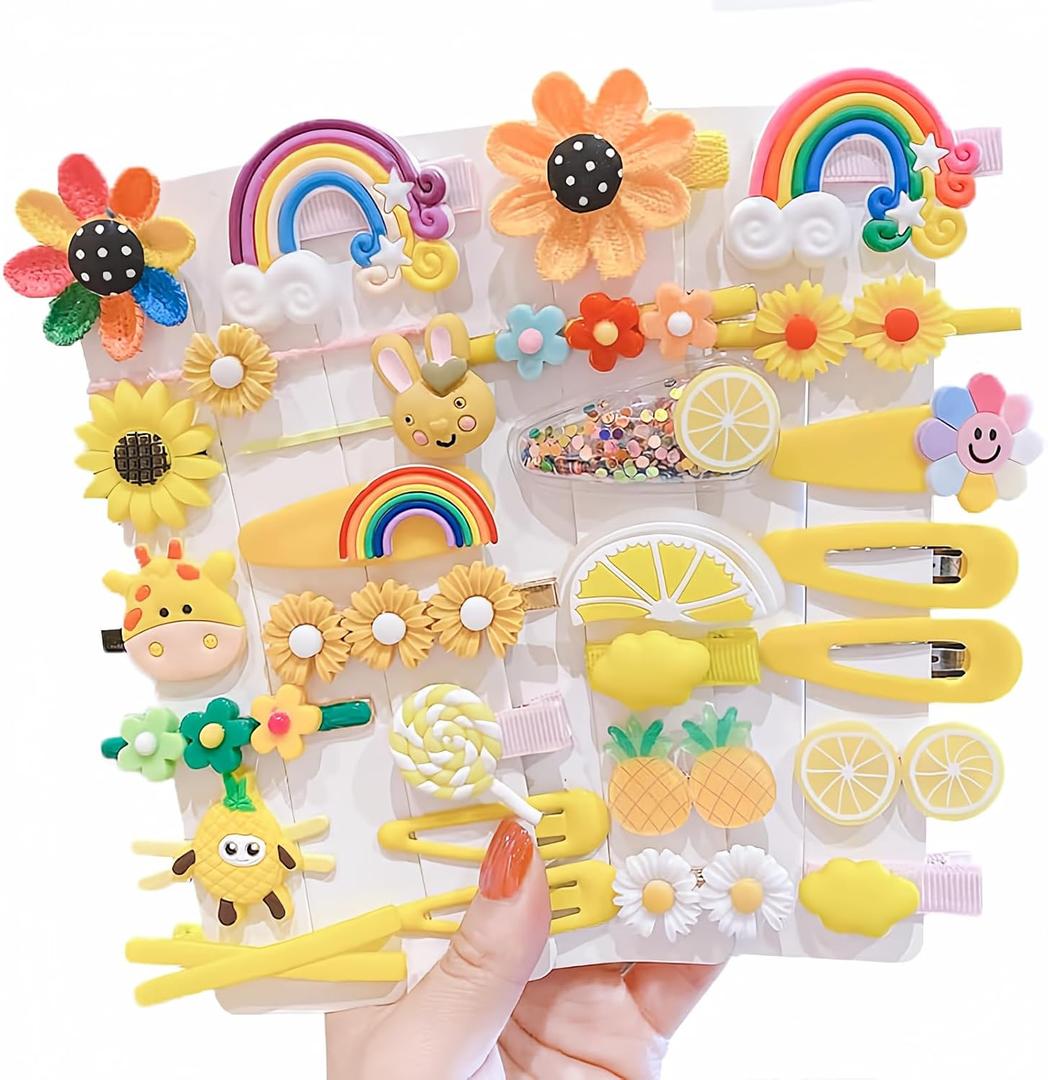 28 PCS Cute Hair Clips Fashion Girls Hair Accessories Flower Fruit Colorful Rainbow Candy Dessert Lovely Animal Barrettes Set Non-slip Metal Snap Pins for Girls Kids Teens Toddlers (Style A)