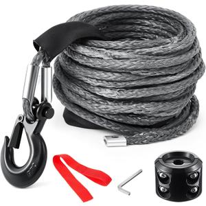 Synthetic Winch Rope Kit 3/8 x 50 ft Winch Line with 13,348 Pounds Bearing Load, 3/8 Forged Hook with Protecting Sleeve Rubber Stopper Safety Pull Strap Cable Replace Kit for ATV UTV Vehicle