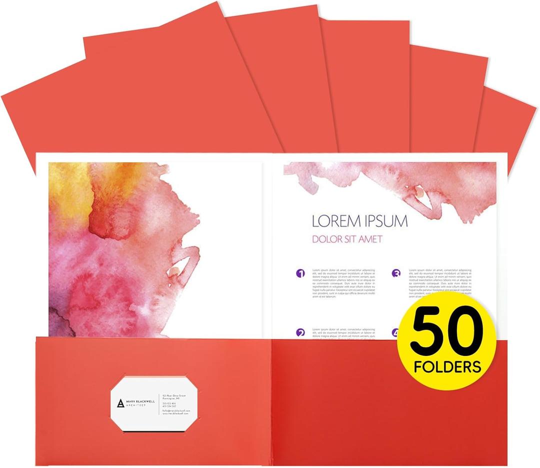 50pcs Red Folders with Two-Pockets Fit Letter Size Paper, Paper File Designed for Office, Home and Classroom Use