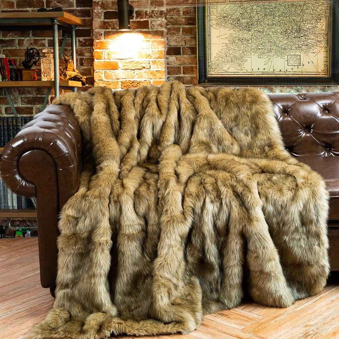 Battilo Luxury Golden Faux Fur Throw Blanket for Bed, 60"x 80", Thick Warm