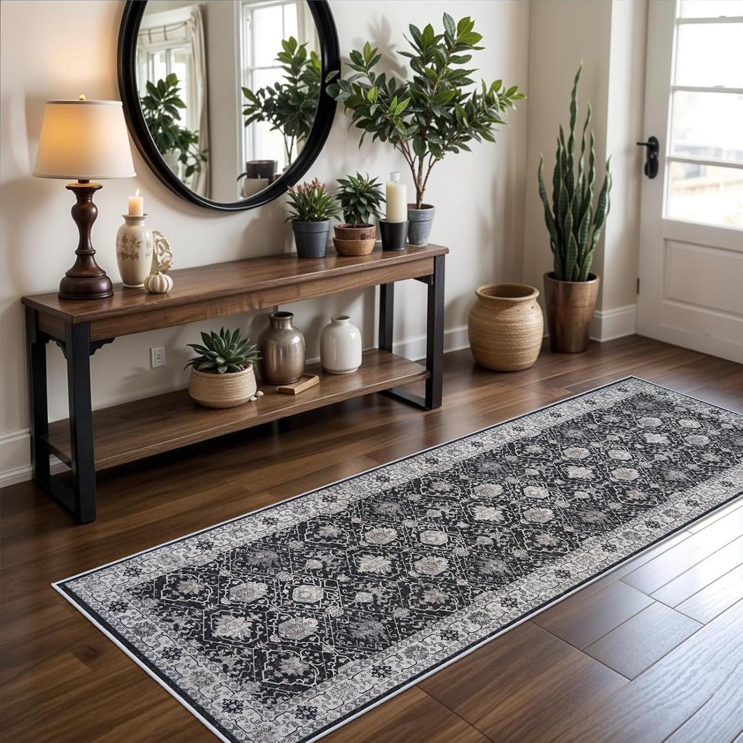 Hallway Washable Runner Rug - 2x6 Kitchen Rugs Entryway Rug Runner Vintage Soft Floor Mat Non Slip Indoor Farmhouse Carpet for Bathroom Living Room Bedroom (2 X 6, Black)