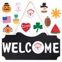 Jetec Welcome Sign for Front Door Home Decor Fall Sign Rustic Wood Welcome Notation Wall Hanging Outdoor Decor Seasons Holiday Independence Day Interchangeable 16×8 Inch (Black with White Letters)