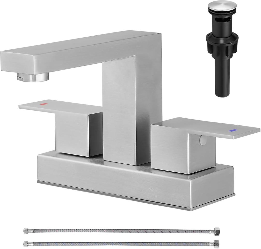 4 inch Bathroom Sink Faucet Brushed Nickel Centerset Bathroom Faucets for Sink 2 or 3 Hole with Pop-Up Drain & Supply Lines, 304 Stainless Steel 2-Handle RV Restroom Faucet