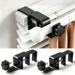 Over Blinds Curtain Rod Brackets for Outside Mounted, No-Drill Blinds Curtain Rod Holders for 1.3-2" Rectangular Headrails, Tool-Free & No Wall Damage, Apartment & Renter Friendly (Set of 2, Black)