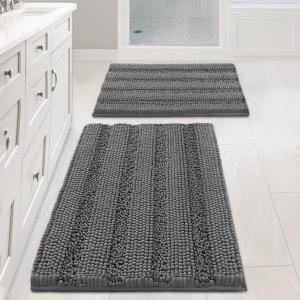 Non Slip Thick Shaggy Chenille Bathroom Rug Mat Set Extra Soft and Absorbent Striped Floor Rugs, 2 Piece, Machine-Washable, 20" x 32" Plus 17" x 24" (Grey)