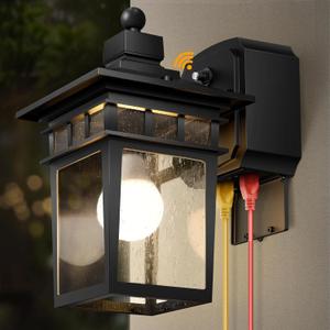 Dusk to Dawn Outdoor Lights with GFCI Outlet Sensor Outside Exterior Porch Wall Light Fixture, Anti-rust Wall Mount Lantern,Waterproof Wall Sconce,Outside Lights for House Front Door,Bulb not Included (Black)