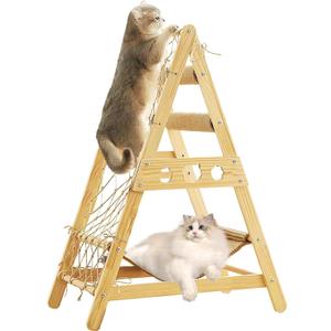 Cat Tower for Indoor Cats with Hammock Straching Post Climbing Web and Danging Sisal Ball, Cute Solid Wood Cat Tree (xl)