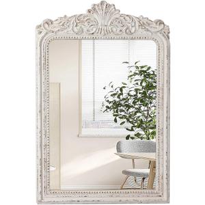 Vintage Wood Framed Arendahl Mirrors for Wall Decor 24" x 36", Hanging Distressed White Rustic Arched Wall Mirror, Ornate Baroque Bathroom Antique Mirror, Traditional Wall Mirrors Decorative