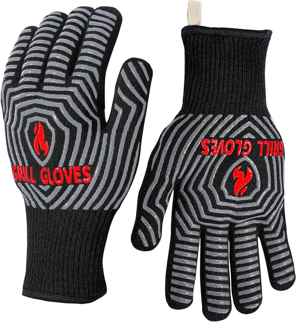 QUWIN BBQ Gloves, Oven Gloves 1472 Extreme Heat Resistant, Grilling Gloves Silicone Non-Slip Oven Mitts, Kitchen Gloves for BBQ, Grilling, Cooking, Baking-1 Pair (Black, One Size Fits Most)