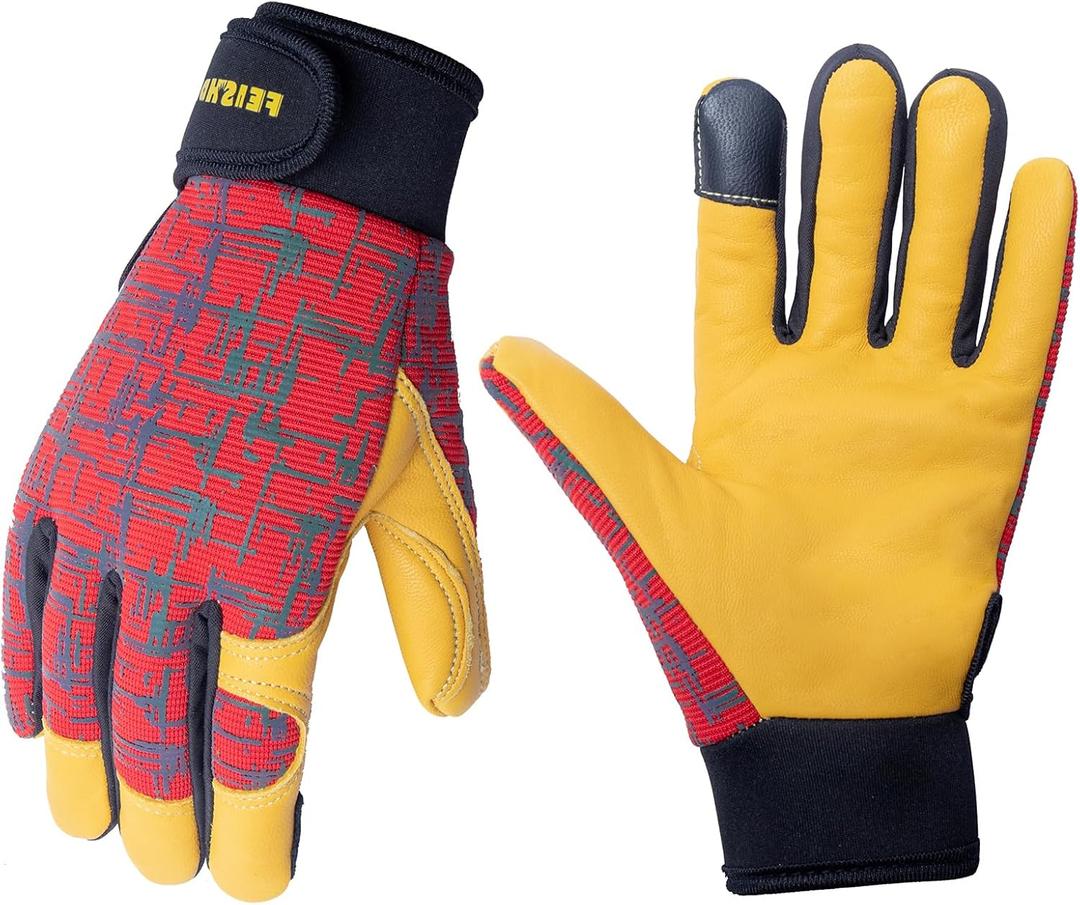 Kids Genuine Leather Work Gloves, Safety Gloves, Touch Screen, Reflective, Breathable Design, for Children (Medium (6-9 Years Old), Red)