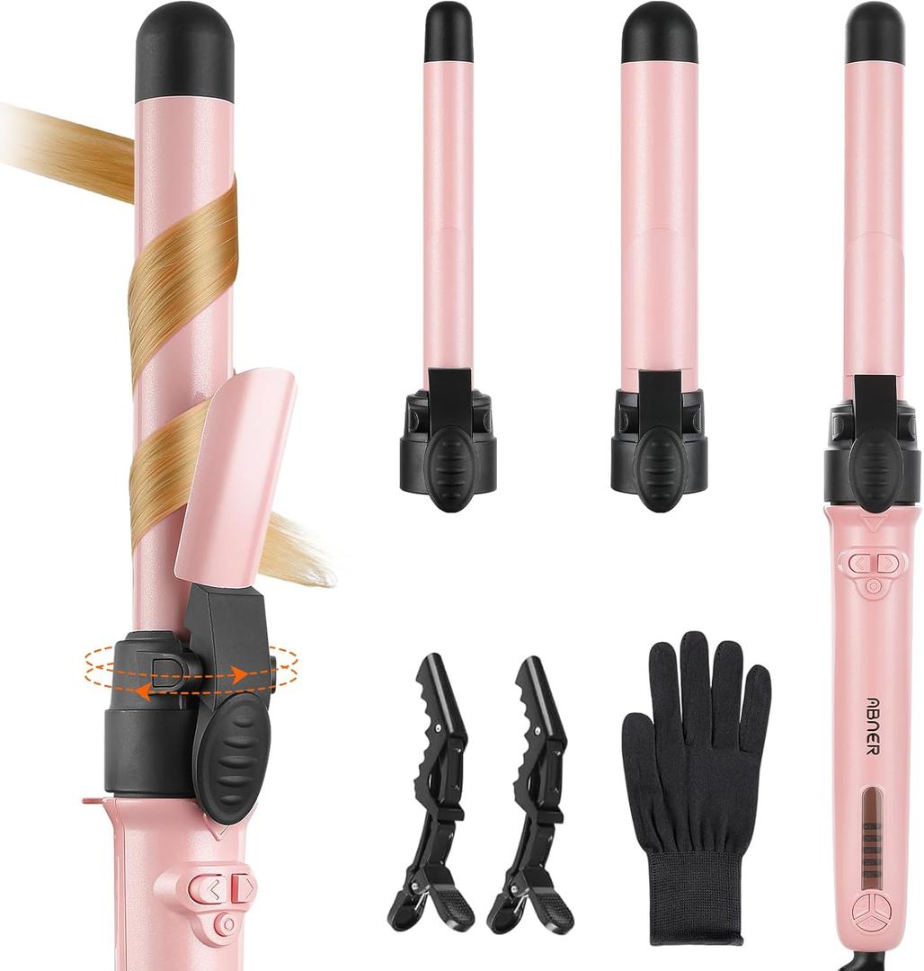Rotating Curling Iron Set, Automatic Curling Wand for Long Hair Easy to Use Hair Curler Get Effortlessly-Chic Beach Waves 3 Sizes Ceramic Barrel 0.75" 1" 1.25" to 430F with Home Button, Dual Voltage (Pink)