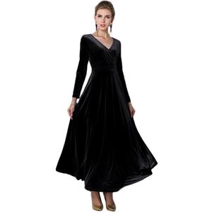 EXCHIC Women's Elegant Velvet Long Sleeve Maxi Dress Evening Party Dancing Dresses (Large, Black)